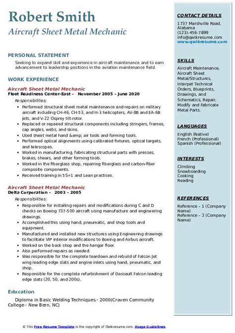 Aircraft Sheet Metal Mechanic Resume Samples 